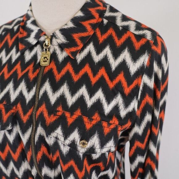 DAMAGED Michael Kors Orange Black Full Zip Collared Shirt Jacket 8 Tab Roll Slee - Picture 2 of 9